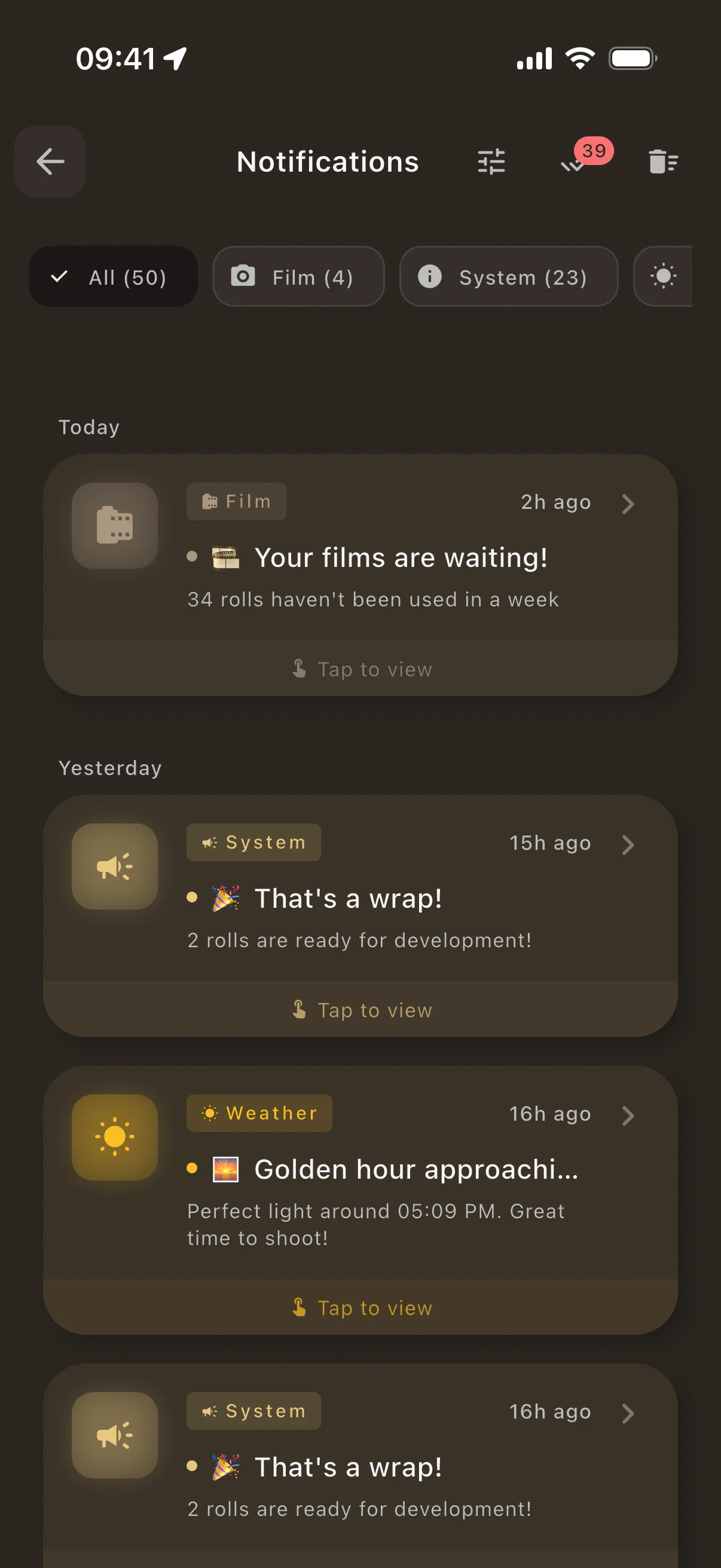 Rollify notifications screen - Reminders for film development pickup and photography alerts