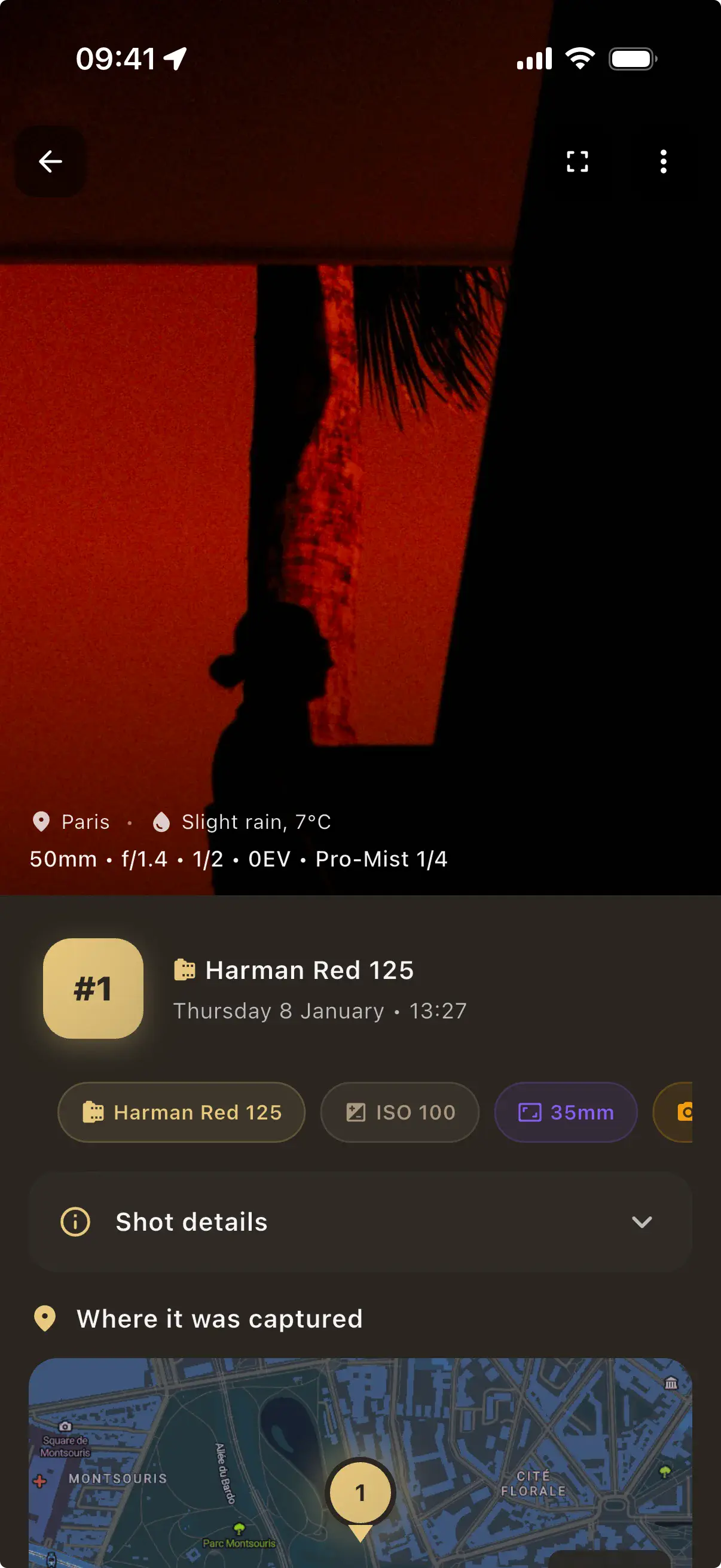 Rollify shot detail screen showing aperture, shutter speed, ISO, GPS location and weather for film photography