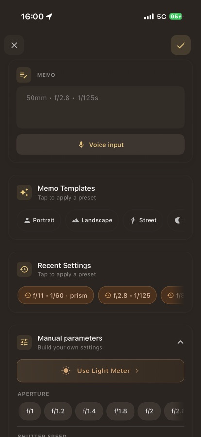 Rollify exposure log screen